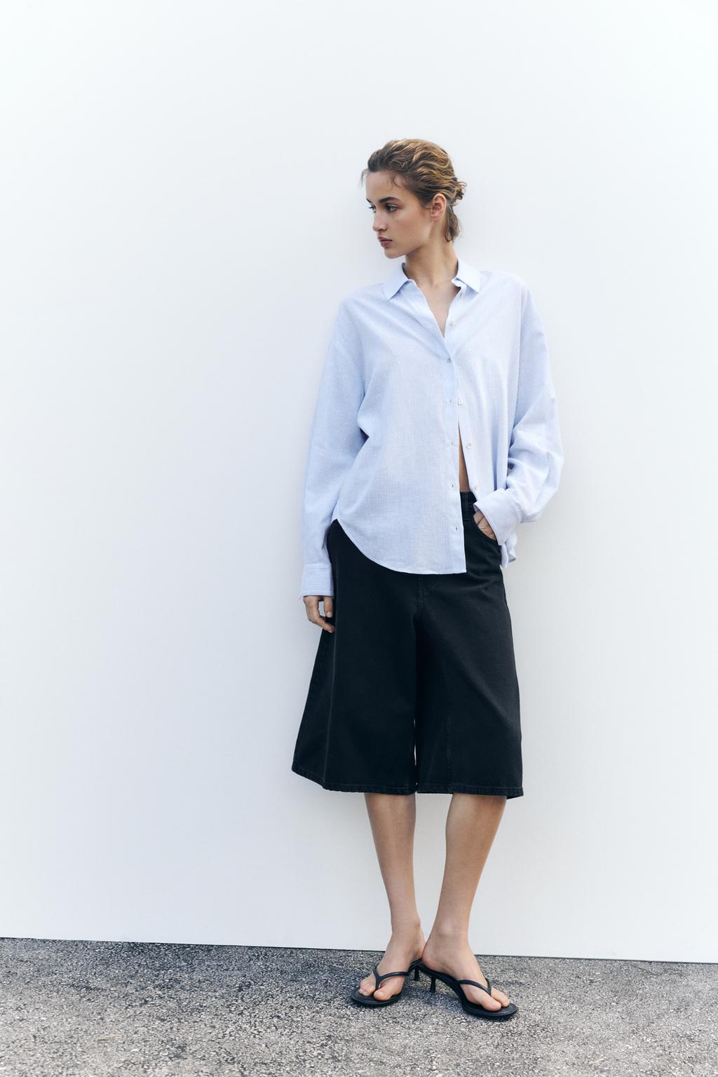 

Рубашка из льняной смеси оверсайз ZARA, цвет Blue/White