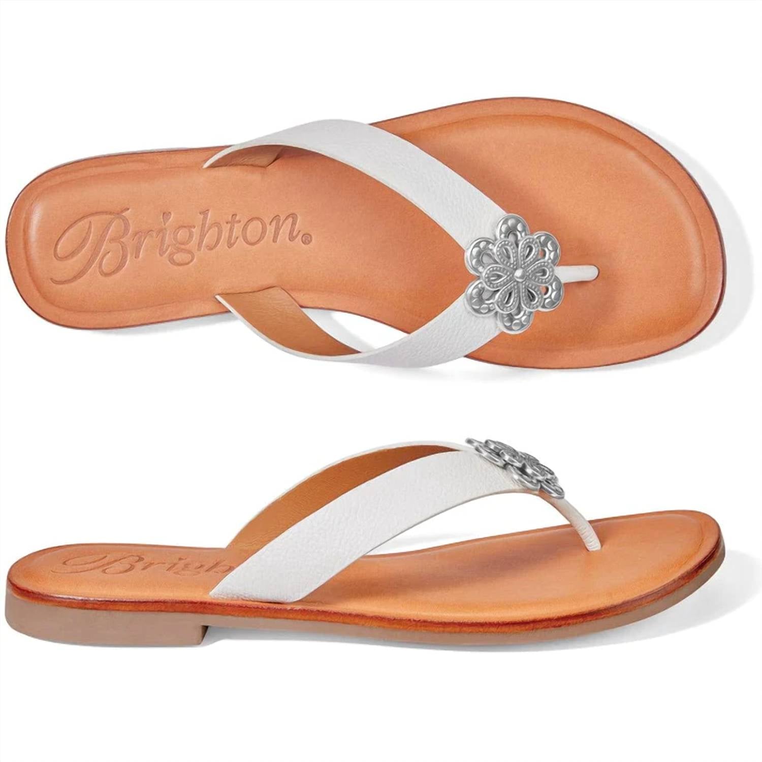 Aster Flower Embellished Leather Flat Thong Slip On Sandal In White Brighton