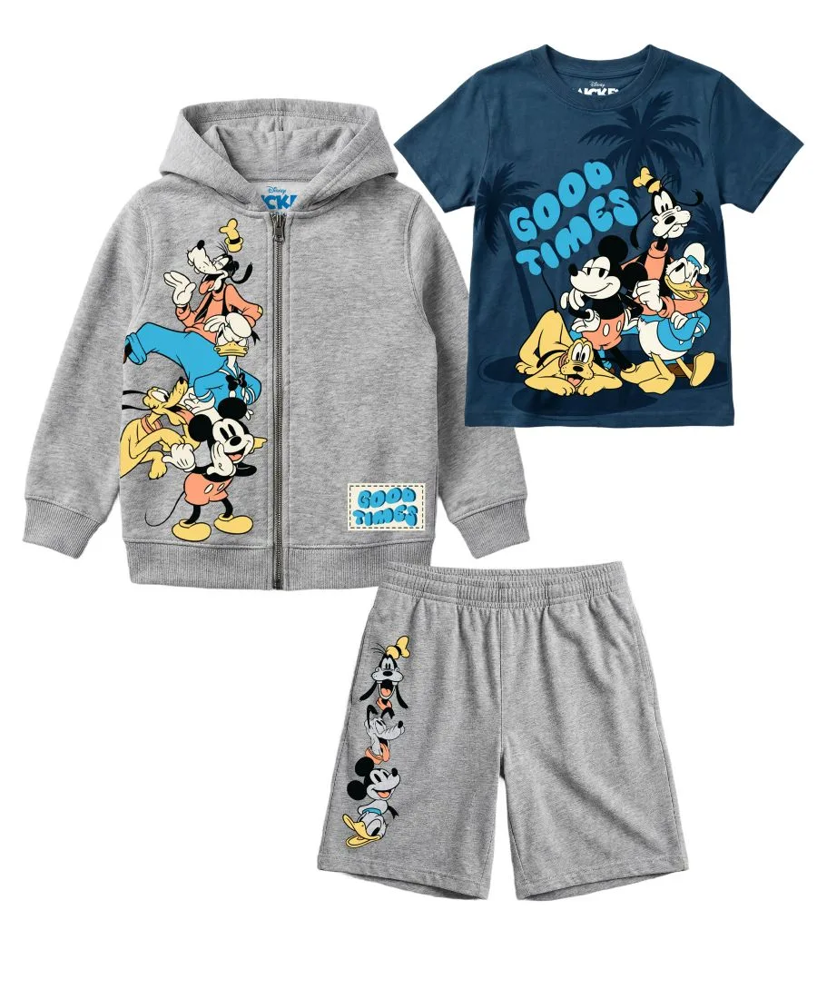 Детский комплект из 3 предметов: футболка с принтом, толстовка и шорты (2T-7) Mickey Mouse, серый/синий