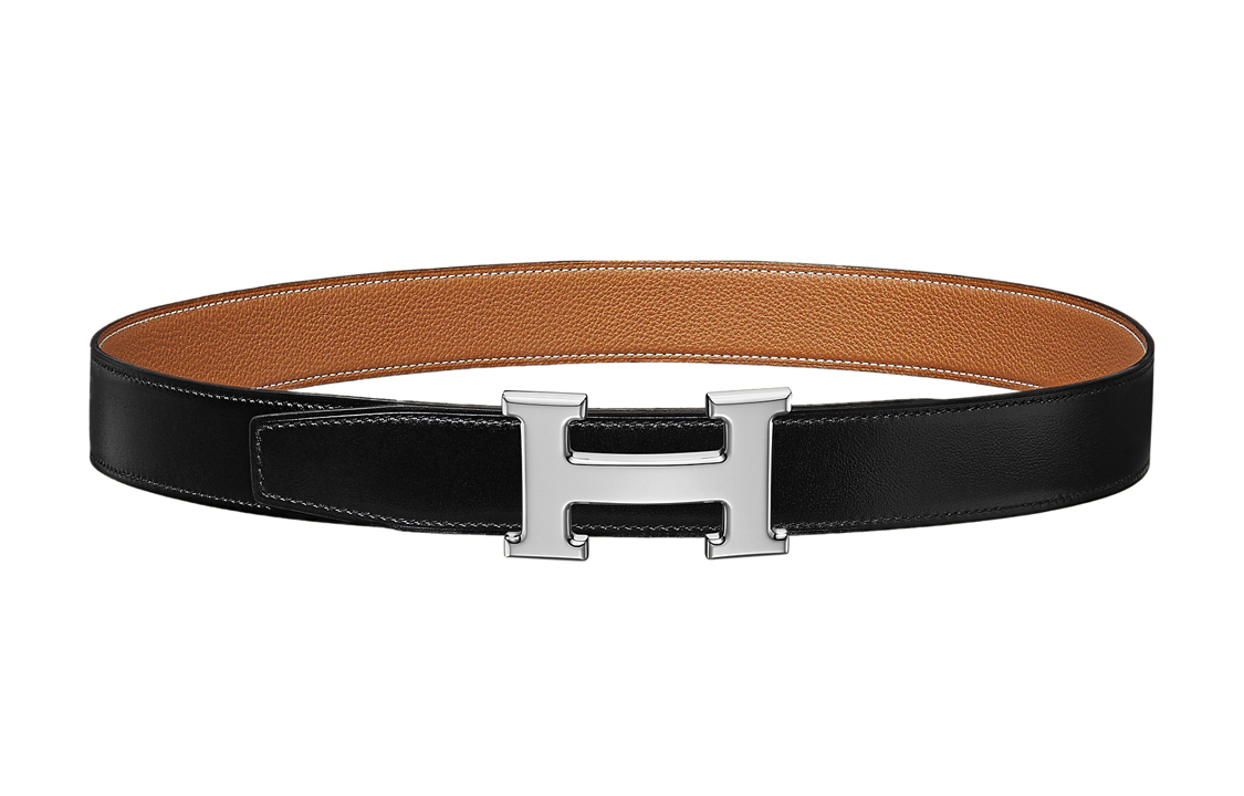 HERMES Кожаный ремень из воловьей кожи мужской черный с золотым ширина 3.2 см, Black/Gold-Box — фото 3