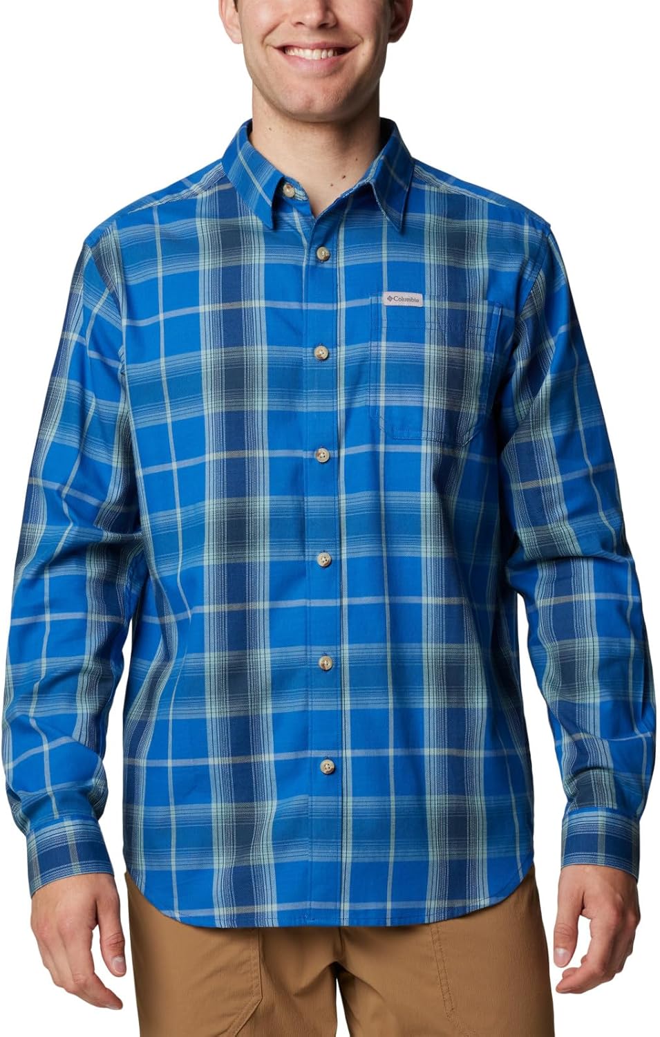 

Рубашка Columbia Mens Vapor Ridge III с длинным рукавом, походная рубашка, Mountain Blue Tartan Ombre