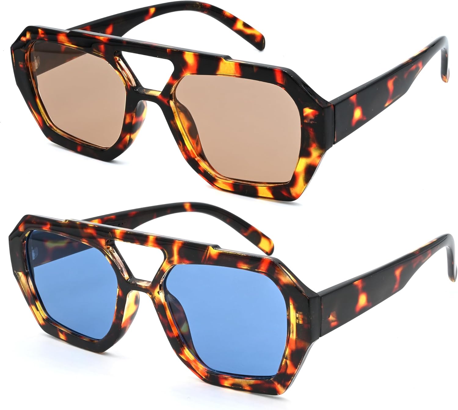 

Модные шестиугольные солнцезащитные очки-авиаторы для женщин в стиле 70-х годов, толстая квадратная оправа, двойная перемычка Teumire, A08 2 Pack-tortoise/Brown+tortoise/Blue