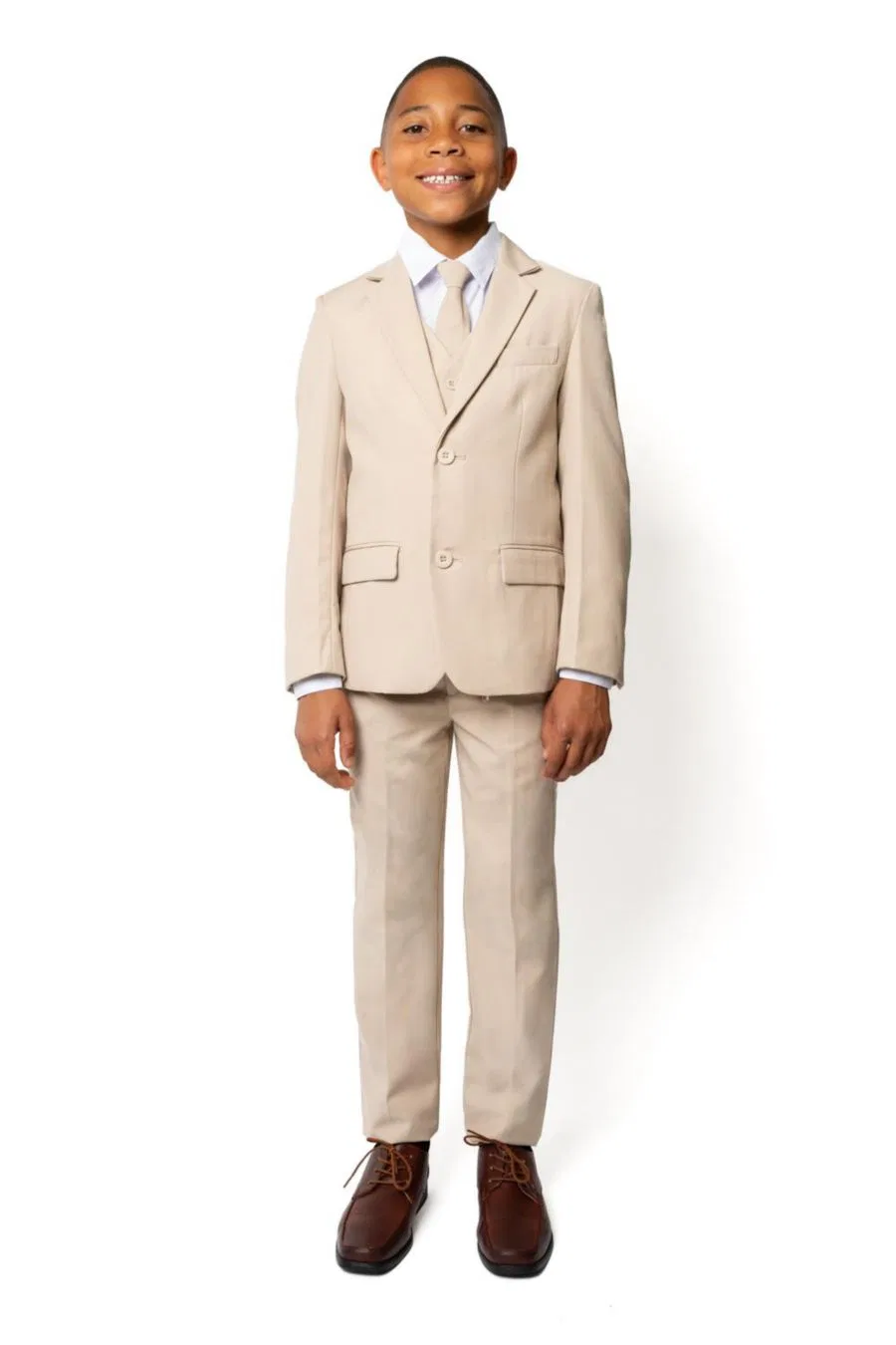 Костюм 007 Slim Fit для маленьких и больших мальчиков, состоящий из 5 предметов: рубашка, галстук, пиджак, жилет и брюки Peanut Butter Collection, песочный