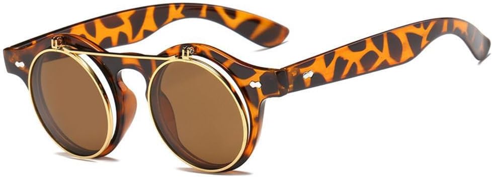 

Модные круглые солнцезащитные очки в стиле стимпанк с откидными линзами, винтажные, с двухслойными линзами, классические солнцезащитные очки UV400 TYUVIVO, Leopard Tea