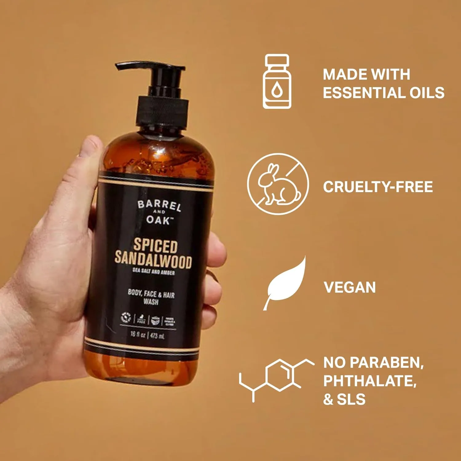 Barrel & Oak универсальное средство для умывания лица, мытья волос и тела, веганское и увлажняющее, для мужчин, Spiced Sandalwood, 16 oz 473 мл (1 шт.), white — фото 4