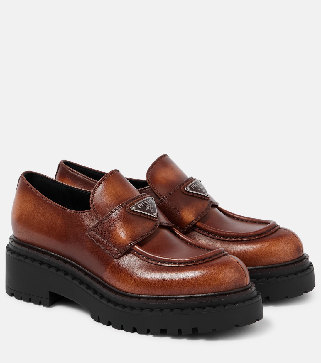 Кожаные лоферы на платформе с логотипом Prada, Cognac