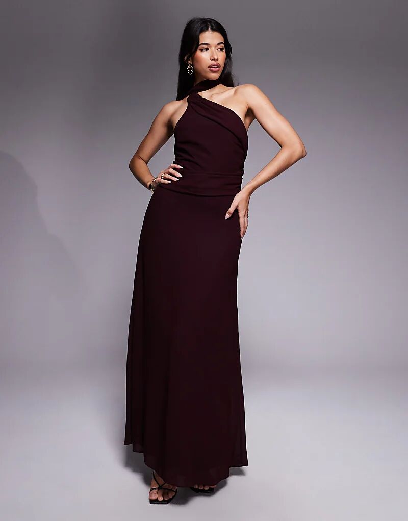 

Платье макси на одно плечо с воротником-шарфом TFNC вишневого цвета