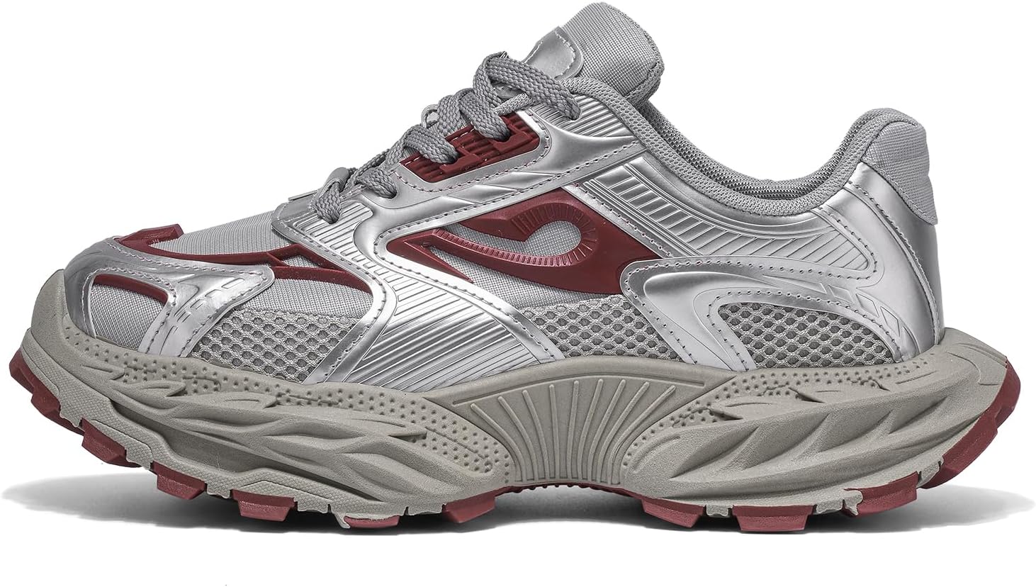 

Спортивные беговые кроссовки, тренировочные обувь с сеткой, серебристо-серый с бордовыми акцентами, массивная платформа Generic