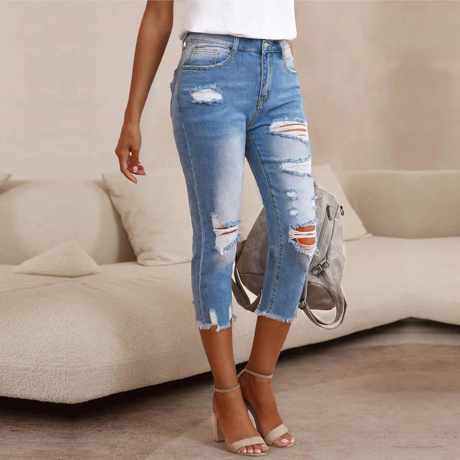 Женские джинсы Distressed Casual Skinny с Raw Hem — фото 4