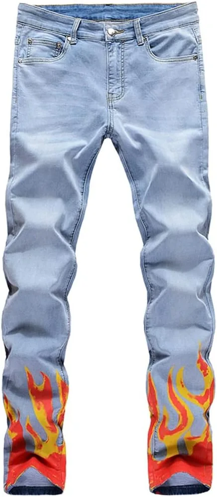 

Мужские джинсы JSEIAJB с принтом flame print, снежной промывкой, светлый деним, slim straight, белые NSUQOA