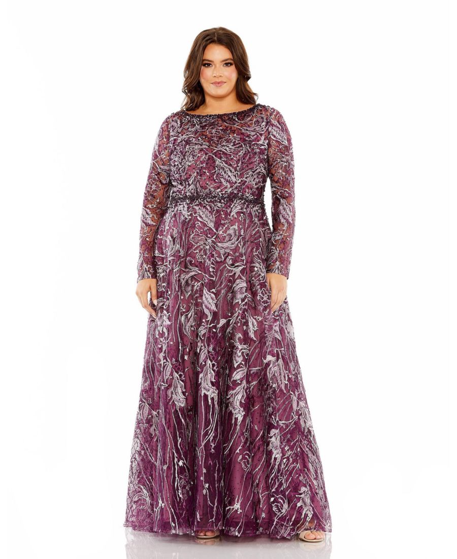 

Женское платье больших размеров с длинными рукавами, высоким воротником и вышивкой Mac Duggal, Plum