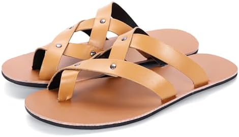 

Мужские сандалии из кожи с заклепками, перекрестными ремешками, открытым носком, плоские шлепанцы, летняя мода, слипоны с петлей для пальца, шлепанцы-вьетнамки, повседневные, удобные, противоскользящие, для прогулок по пляжу Rynkoma, коричневый