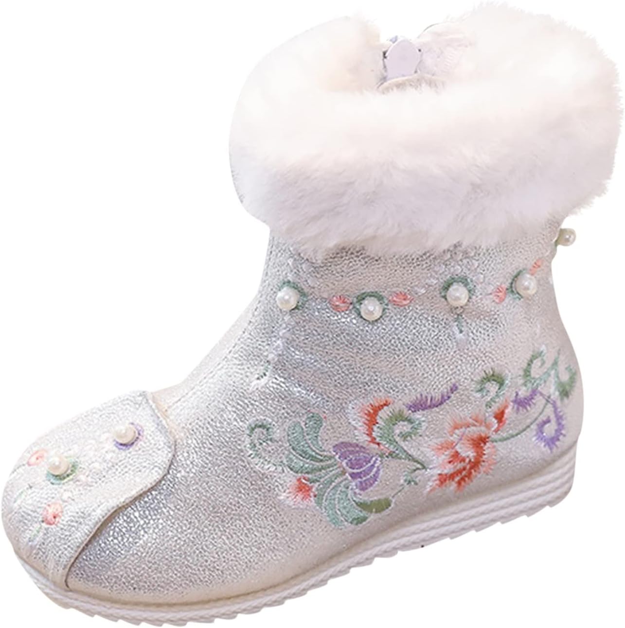 

Детские китайские вышитые плюшевые сапожки с подкладкой, зимние теплые ботинки для девочек на молнии с боковой застежкой, противоскользящие Generic, White