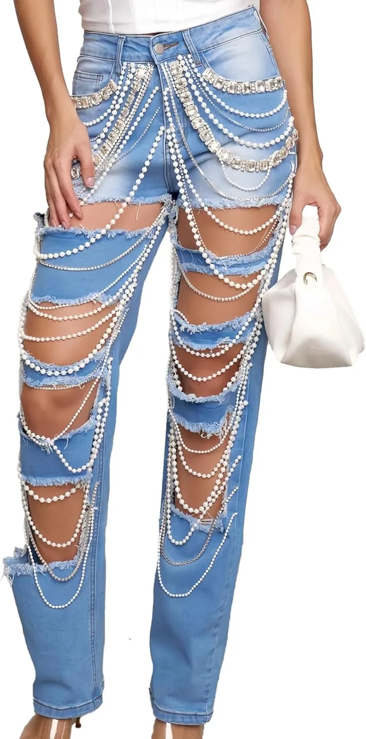 

Женские джинсы с перламутровыми стразами, высокая талия, потертые, прямые longlugoo