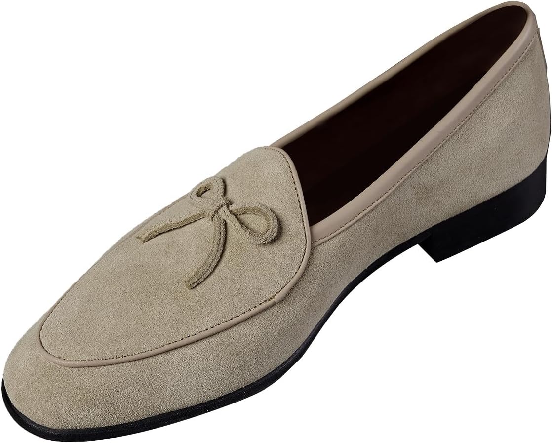 

Мужские слипоны Santimon, пенни-лоферы из замши и кожи с бантовым декором, бельгийские лоферы для повседневной носки, формальные и бизнес туфли, туфли на выпускной, бежевый