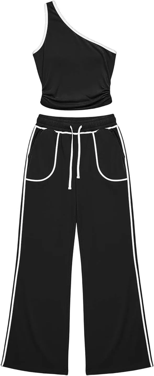 Спортивный костюм с асимметричным топом и широкими брюками, Black — фото 4