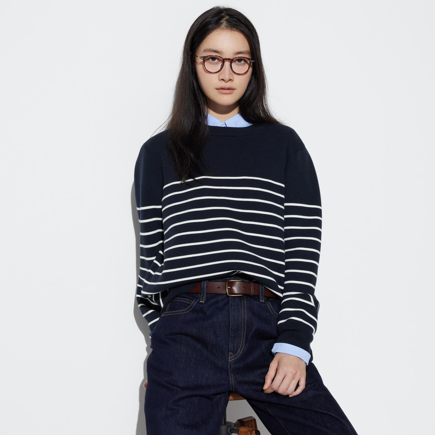 Джемпер Uniqlo мужской с круглым вырезом в полоску, темно-синий — фото 3