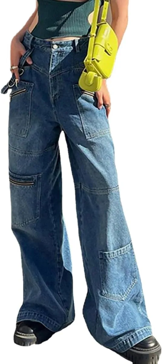 

Готические ретро джинсы NCDUANSAN для женщин, свободные, с множеством карманов, прямой крой