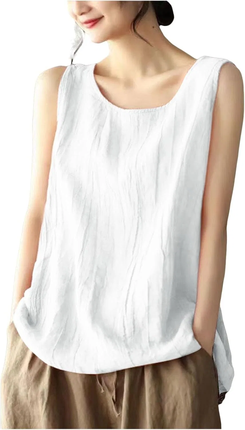 Топ Camisole, женский, из хлопка и льна, большие размеры, белый