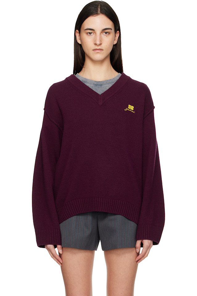 

Свитер с V-образным вырезом из смесовой шерсти Ganni, Burgundy