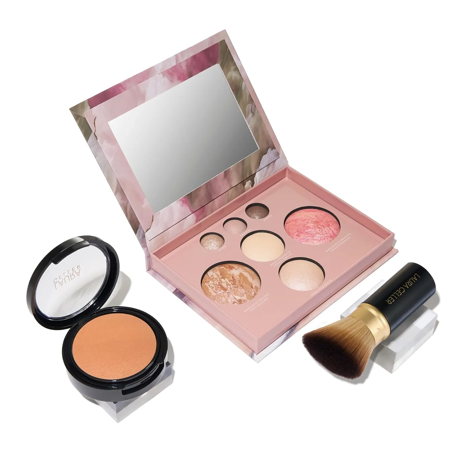 Стартовый набор LAURA GELLER NEW YORK Baked Starter Kit - Full Coverage: пудра-основа Double Take Powder Foundation, палетка теней Sand and Best of Best Face Palette и выдвижная угловая кисть кабуки., Pink