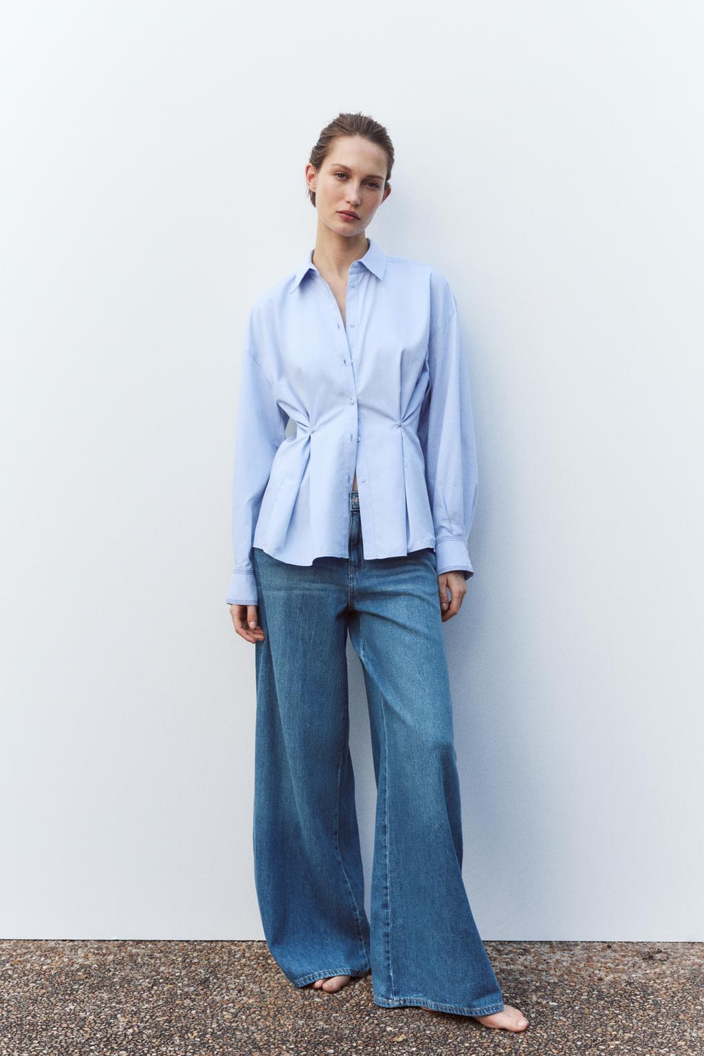 

Оксфордская рубашка с пуговицами на талии ZARA, светло-синий
