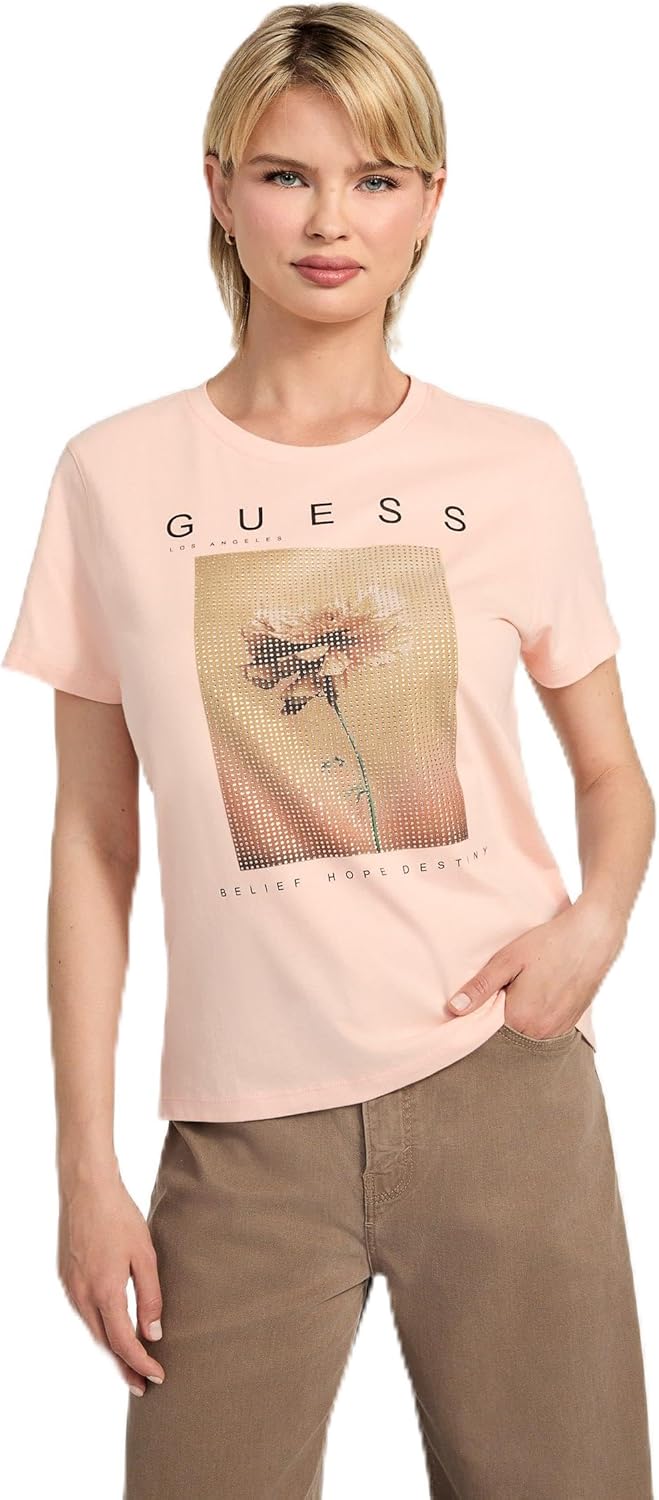 

Футболка Guess с коротким рукавом и стразовым принтом, Peach Creme