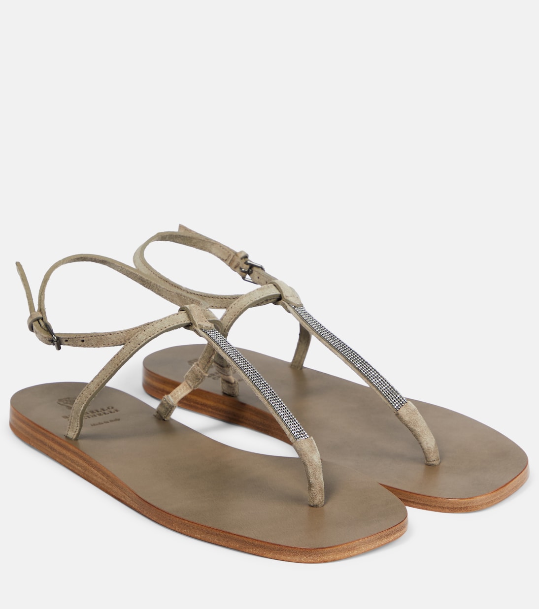 Босоножки-шлепки из замши с декором Brunello Cucinelli, Darg Beige