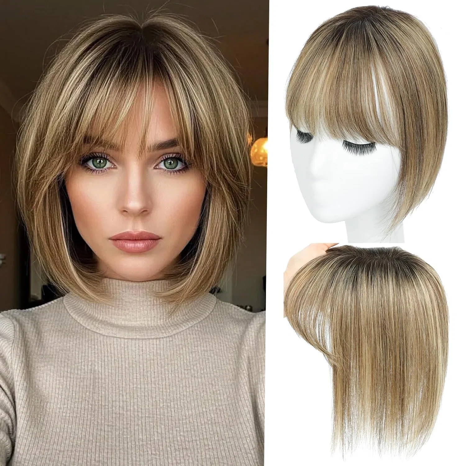 Накладная челка из натуральных волос с 3D-покрытием Lagomance, Medium Brown Mix Blonde With Dark Brown Roots