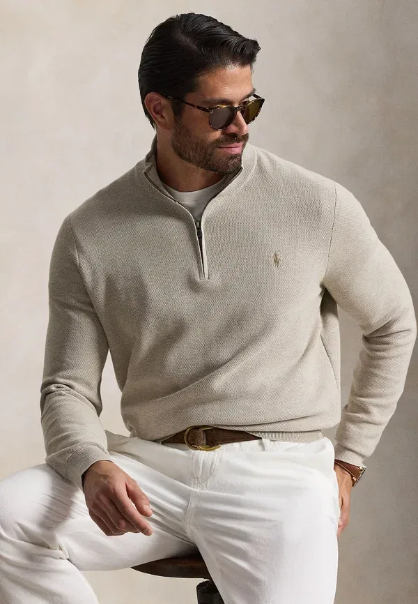 Свитер с четверть-застежкой из хлопкового трикотажа Polo Ralph Lauren Big & Tall, светло-ореховый меланж — фото 4