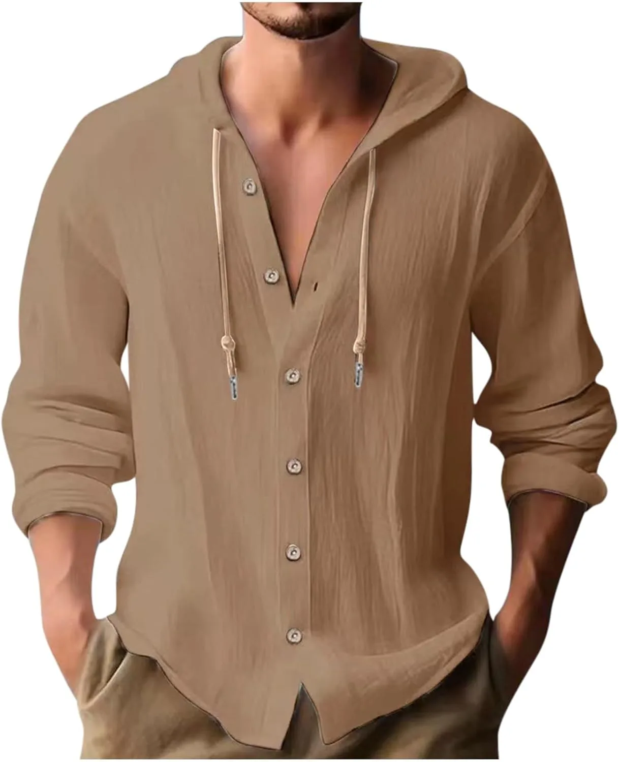 

Мужская хлопковая льняная толстовка с капюшоном и v-образным вырезом