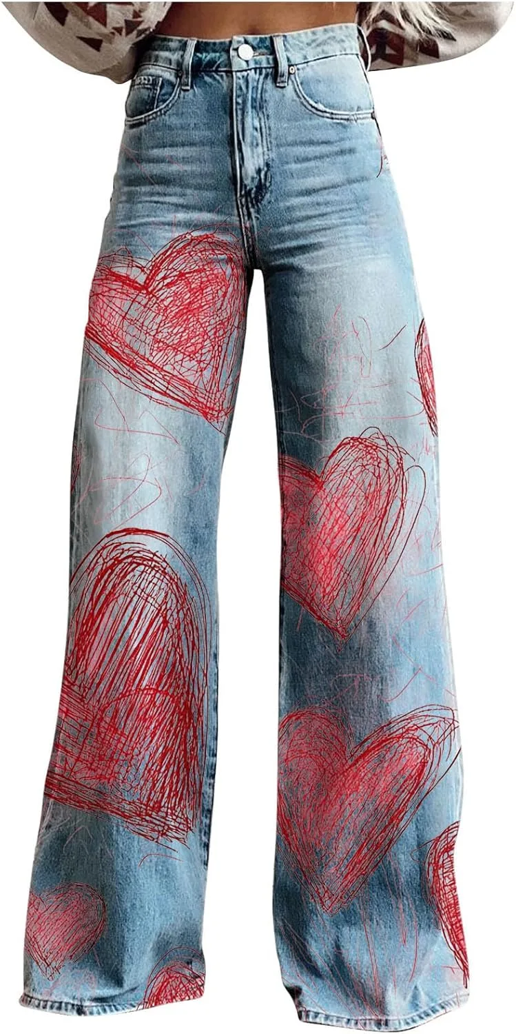 

Женские джинсы с цветочным принтом и широкими штанинами