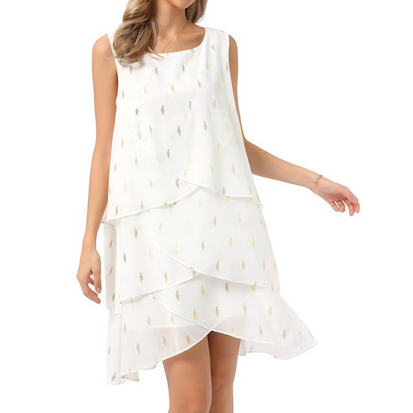 

Женское платье шифон без рукавов с круглым вырезом и металлическим принтом в несколько ярусов для вечеринки Inspire Chic, White