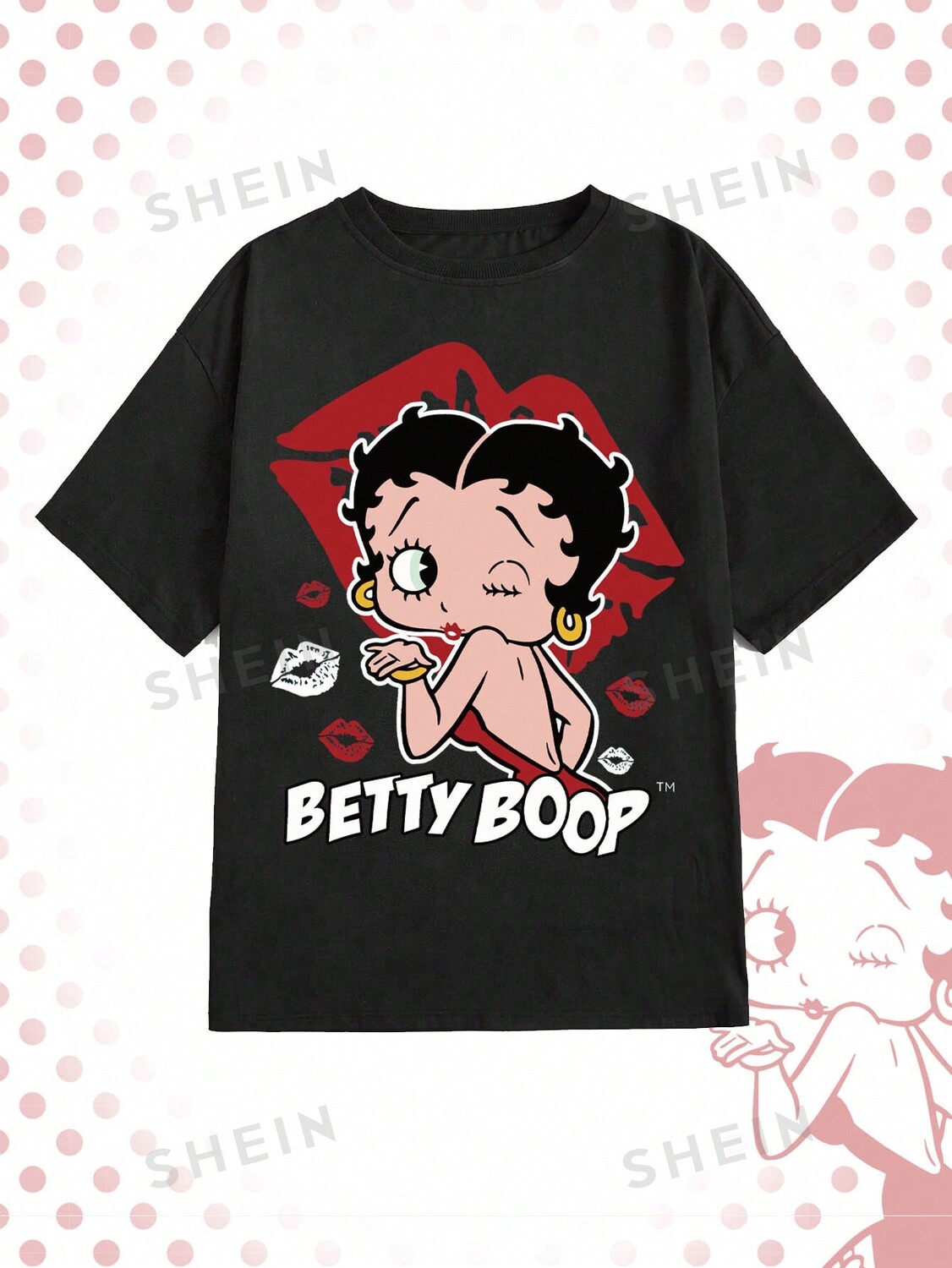 

Betty Boop | Повседневная футболка большого размера с мультяшным и буквенным принтом и заниженными плечами для лета Romwe, черный