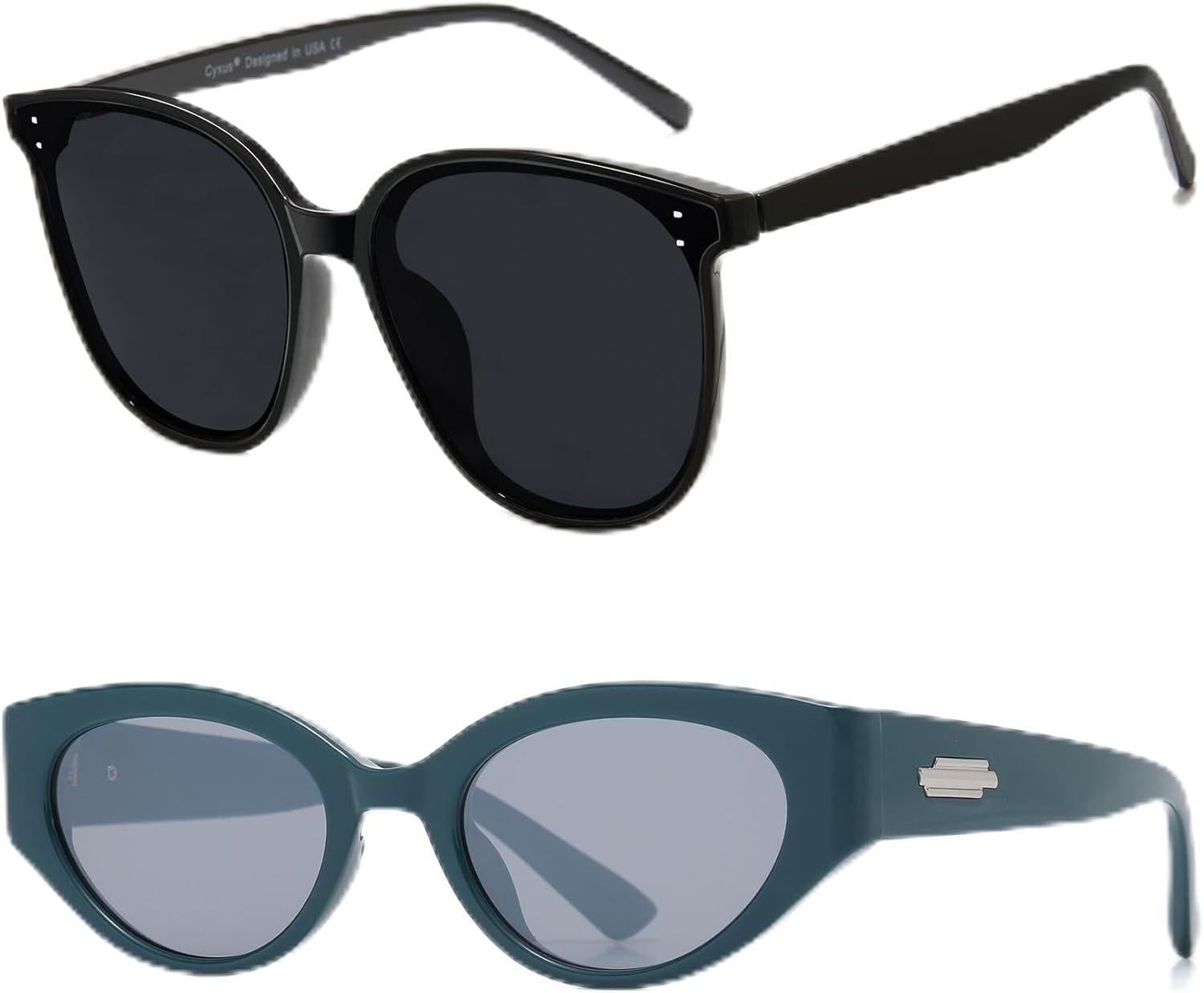 

Комплект из двух солнцезащитных очков Cyxus для женщин, модная оправа «кошачий глаз», защита от УФ-излучения, для путешествий на открытом воздухе (черные + темно-синие), Silver