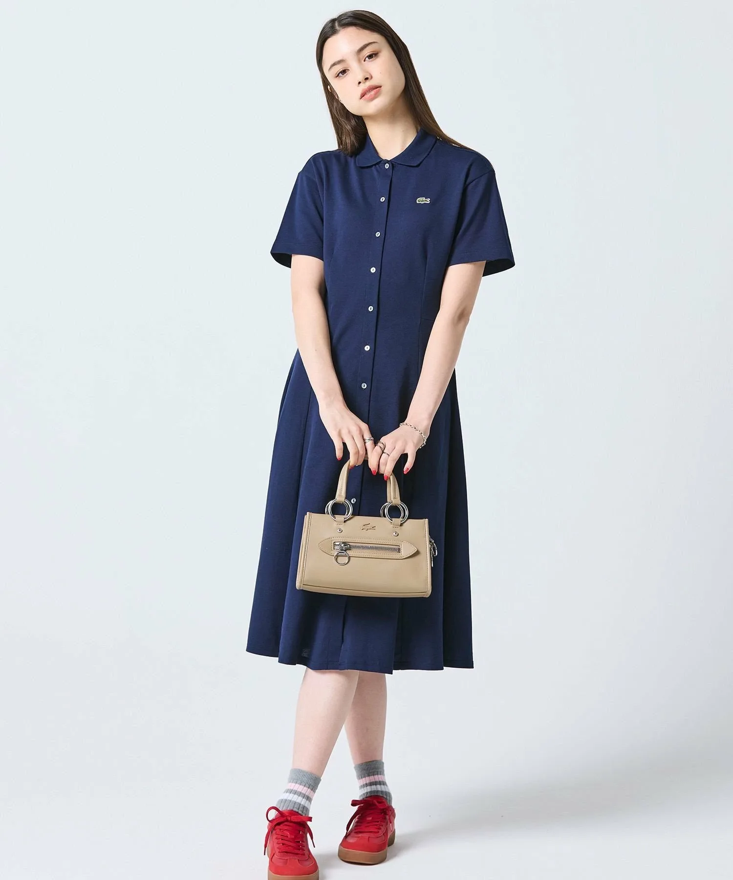Платье-рубашка LACOSTE Navy из пике, трапеция с драпировкой — фото 3