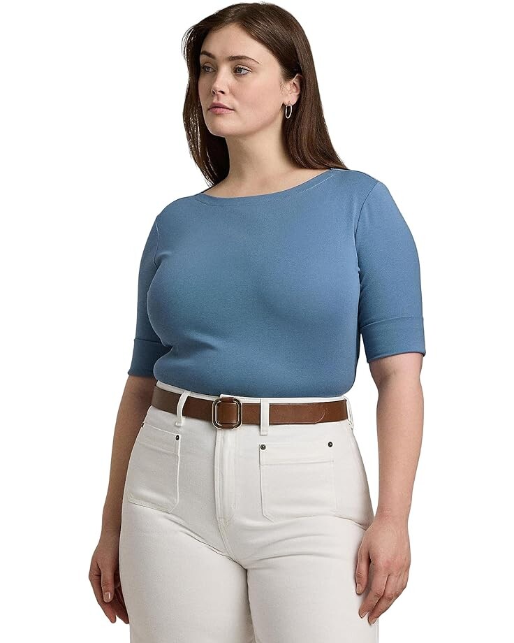 

Топ LAUREN Ralph Lauren Plus-Size Cotton-Blend Boatneck, цвет Pale Azure