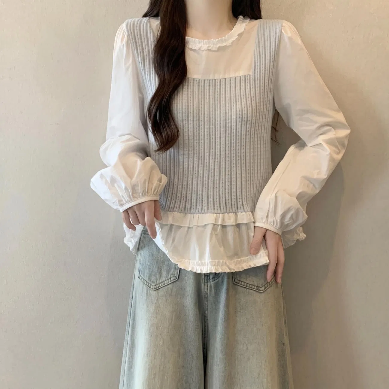 Блуза с эффектом наслоения, Regular Fit, Casual, светло-голубой — фото 4