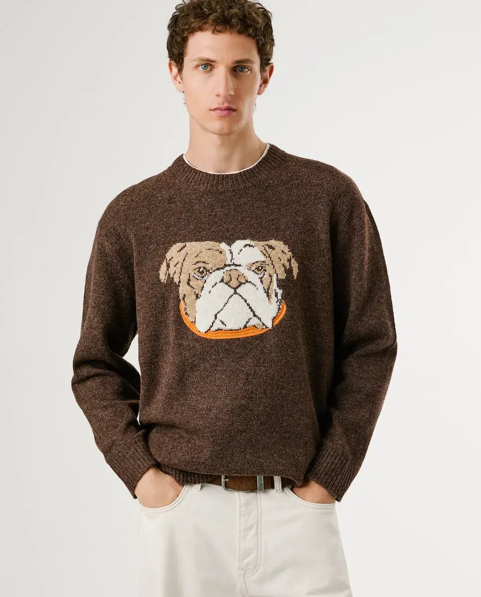 

Мужской джемпер с круглым вырезом и вышитым графическим узором Pepe Jeans, темно-коричневый