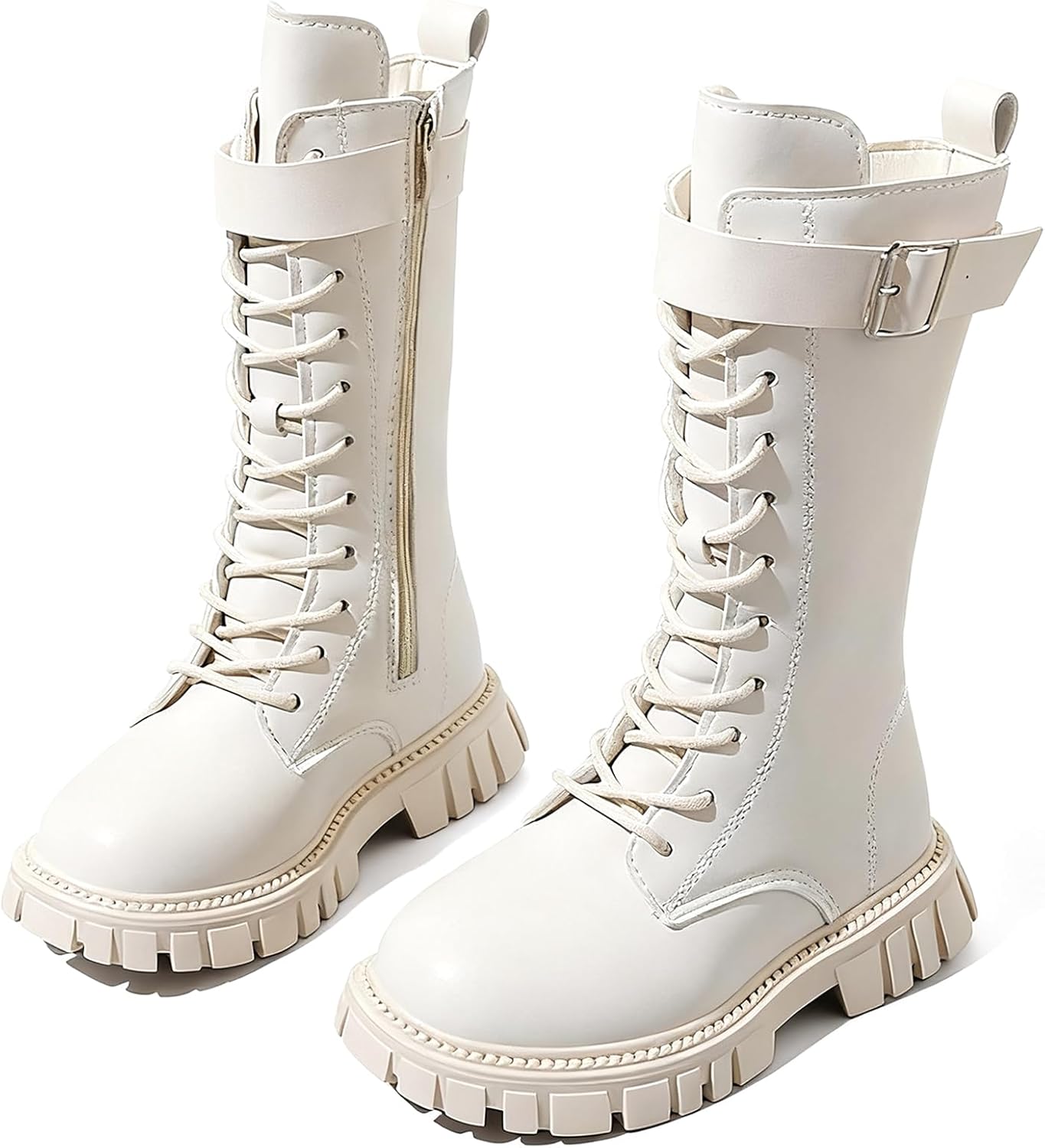 

Ботинки для девочек кожаные с шнуровкой, средние по голенищу, с боковой молнией и ремешком на щиколотке, панк/готический стиль, подошва с протектором, размер 4-11 лет BANGTEUO, Beige