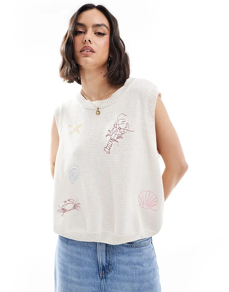 

Майка ASOS DESIGN с вышитыми рыбками и ракушками цвета экрю