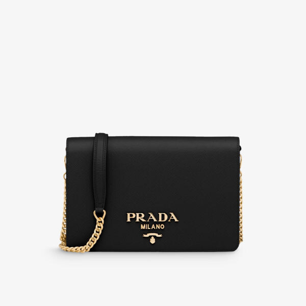 

Миниатюрная сумка через плечо из сафьяновой кожи с фирменной бляшкой Prada, черный