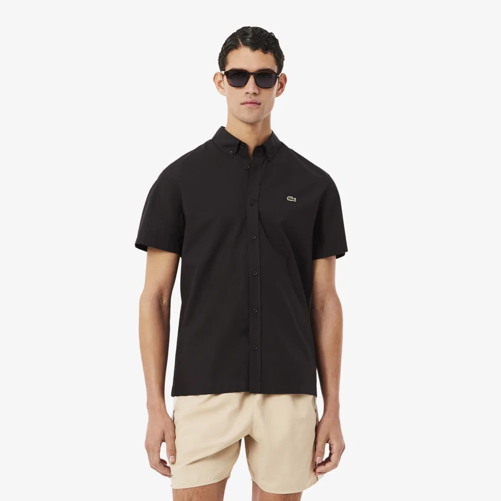 Мужская рубашка из лёгкого поплина с коротким рукавом, коричневая, от Lacoste