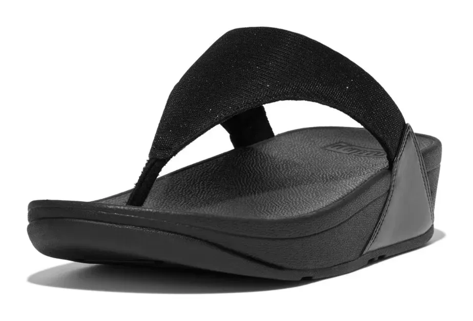 Шлепанцы "LULU SHIMMERLUX TOE-POST SANDALS", каблук-танкетка, летняя обувь, блестящие тапочки Fitflop, черный