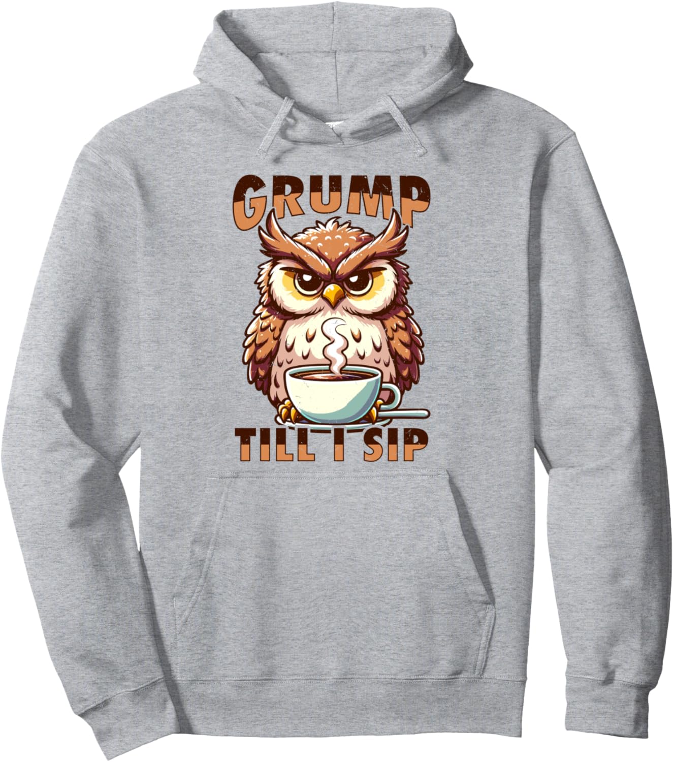 

Худи с изображением сварливой совы и кофе Grumpy Owl Coffee Hate Mornings Bad Mood, серый