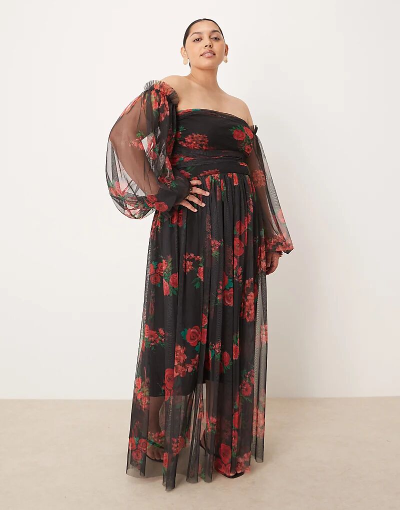 

Платье макси из тюля с открытыми плечами, кружевом и бусинами, с рукавами-фонариками, в черно-розовом цвете