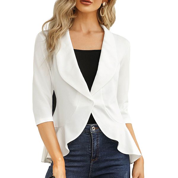 

Женский блейзер-кардиган с лацканами, три четверти рукава и баской Elitespirit, White