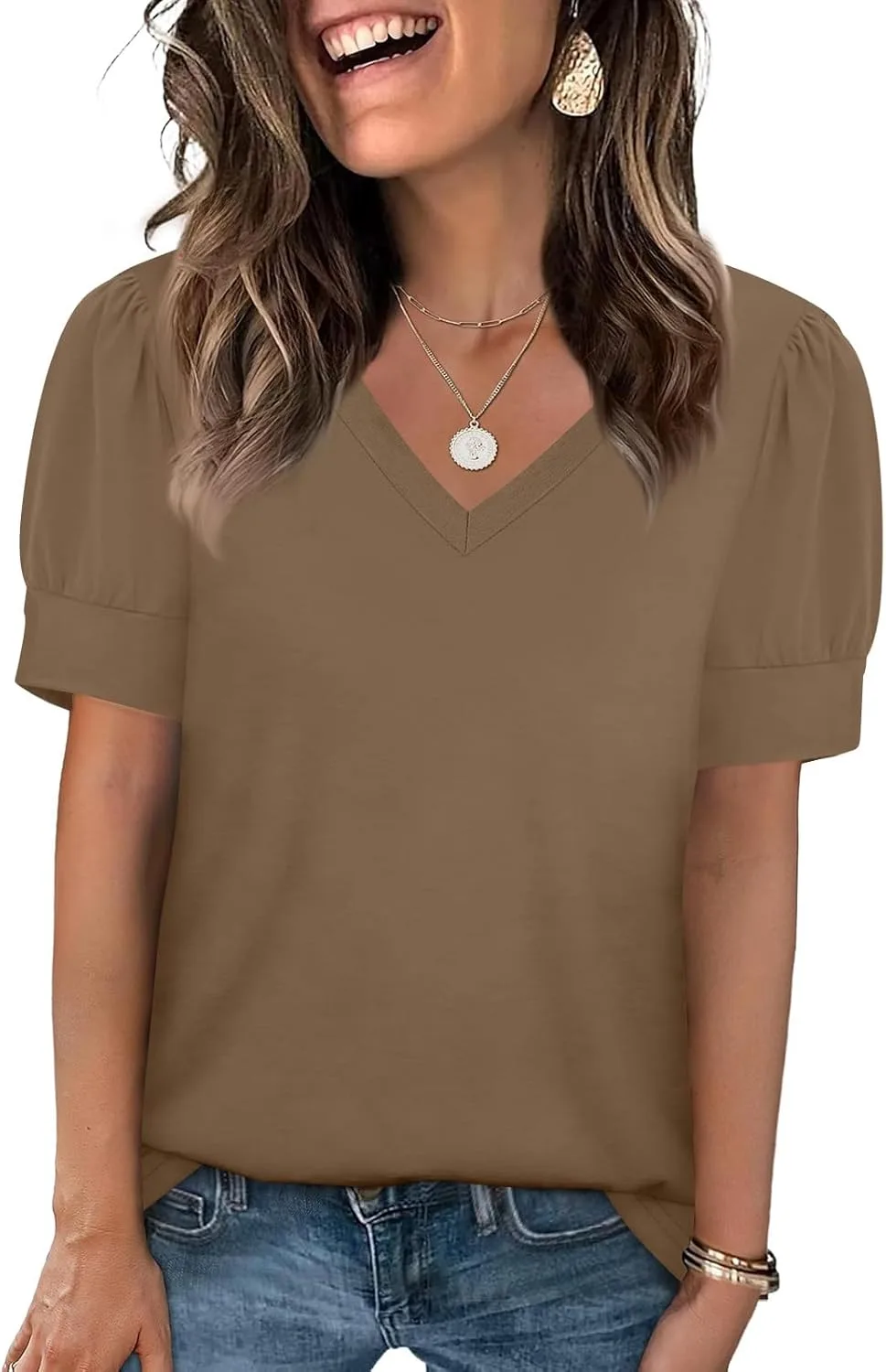 

Женская блузка с V-образным вырезом и пышными рукавами AMXYFBK