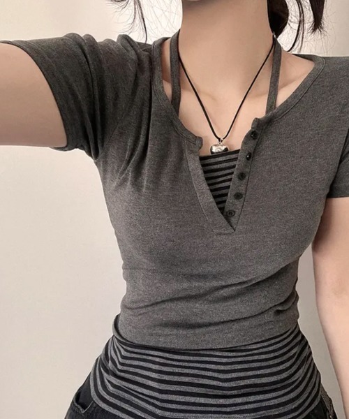 

Футболка облегающая с воротником-халтер, бренд NANAHACHI, цвет угольно-серый