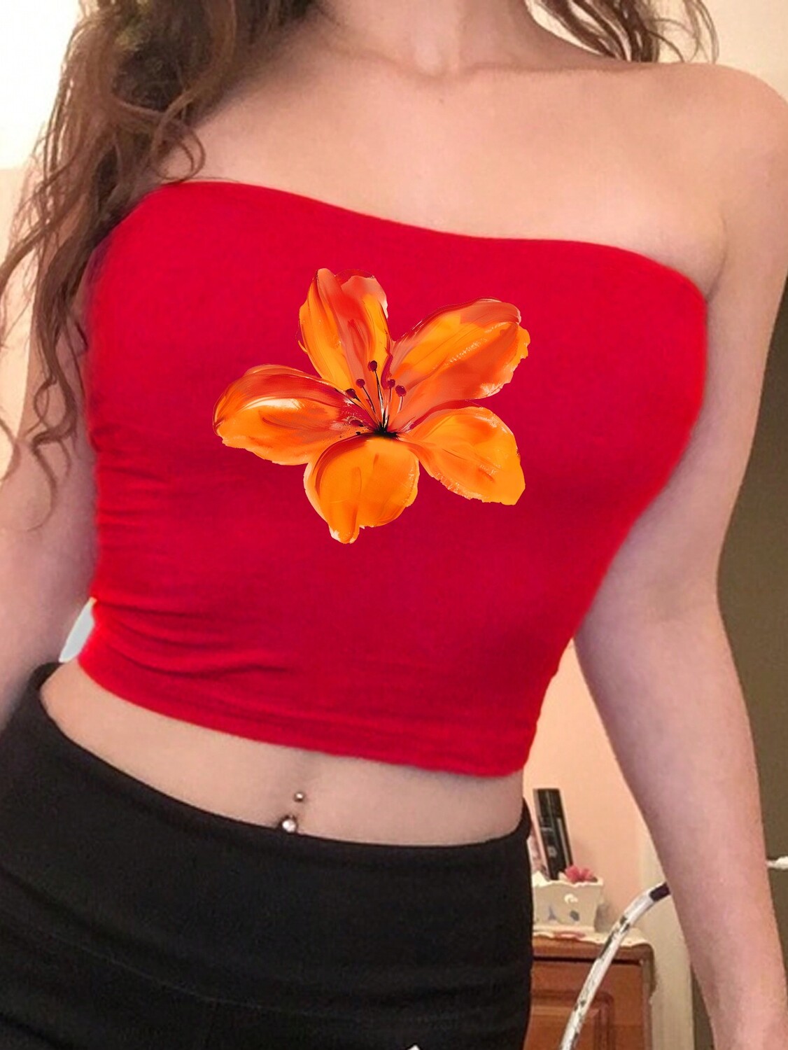 

SHEIN EZwear Топ без бретелек с цветочным принтом для женщин, летний облегающий крой для отдыха, красный цвет